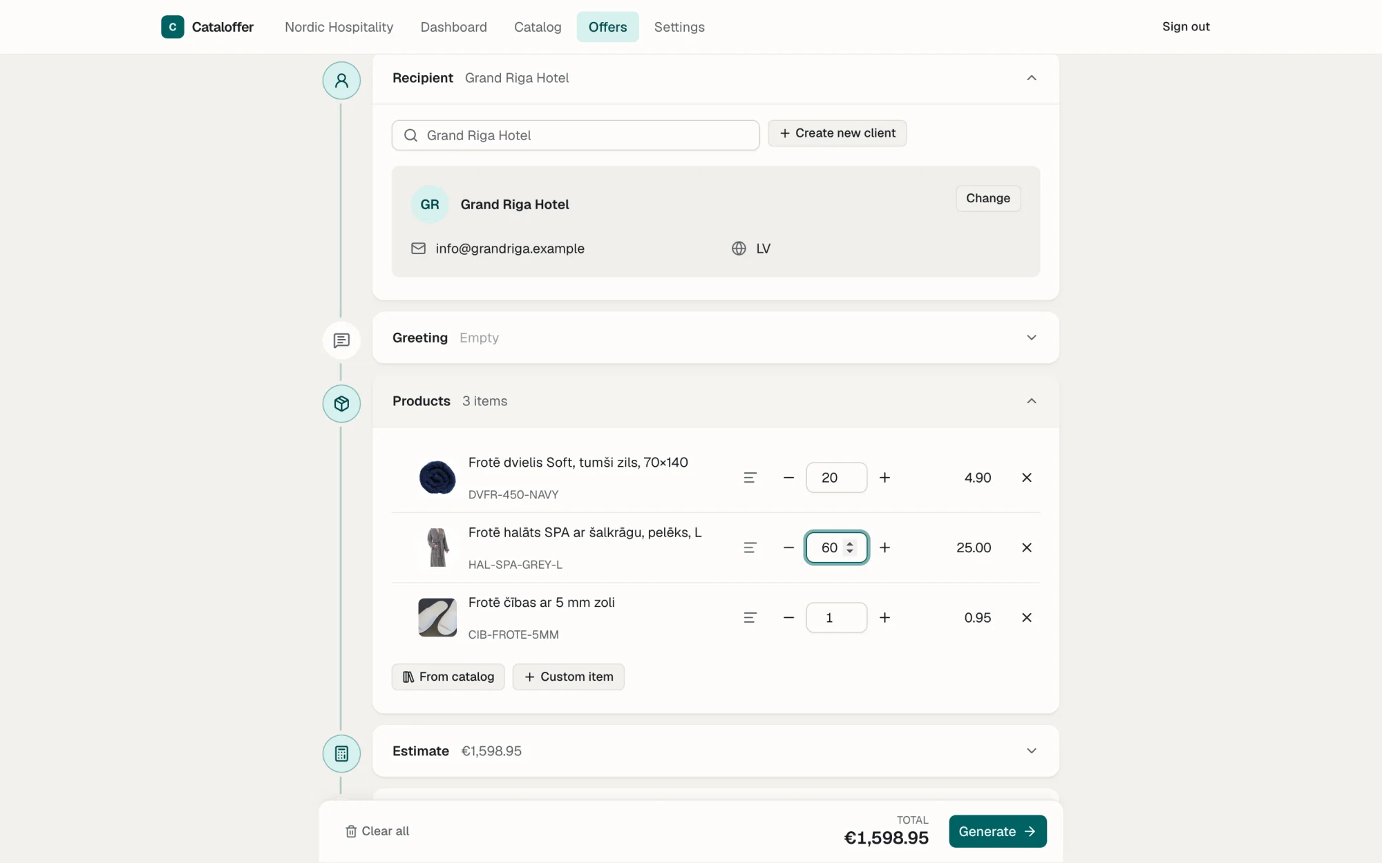 Cataloffer quote builder: recipient Grand Riga Hotel, three products with images, quantities and a total of €1,598.95